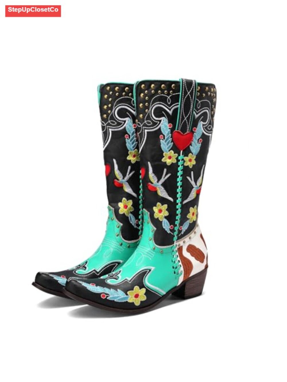 Womens Floral Embroidered Cowgirl Boots Chunky Low Heel Knee High Western Pull